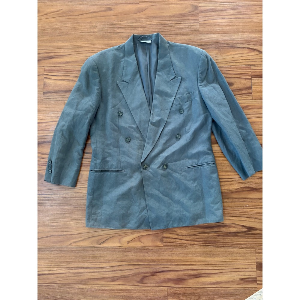 Claiborne Mens Double Breasted Linen Rayon Blazer Blue Gray Vintage Jacket 38R